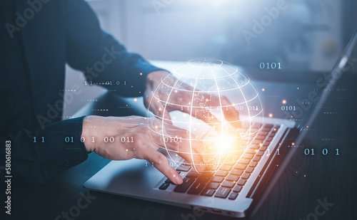 Businessman hand touch with Code html and programming on screen laptop,Programmer development Computer code,web design coding technology in software, digital software technology development, IoT