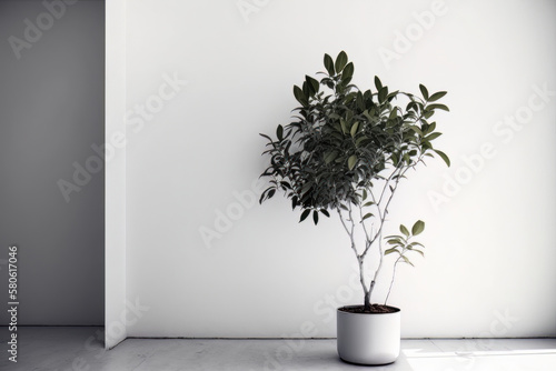 Ficus Lyrata Fake Plant with a beige wall. Illustration AI Generative © olegganko