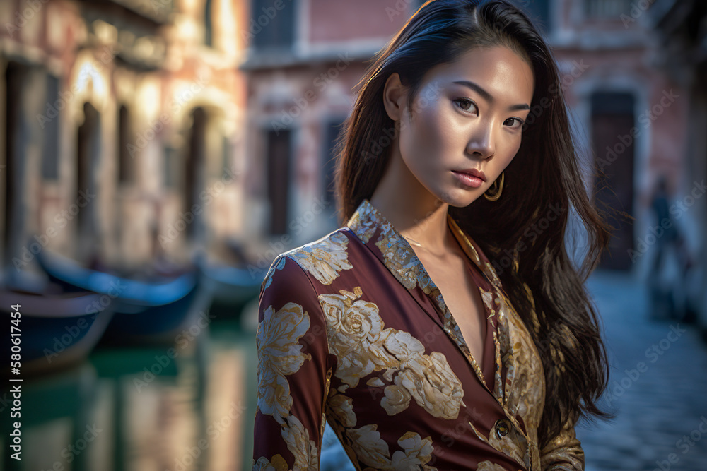 A Romantic Serenade: Exploring the Canals of Venice on a Gondola Ride with an Asian Woman, ai generative