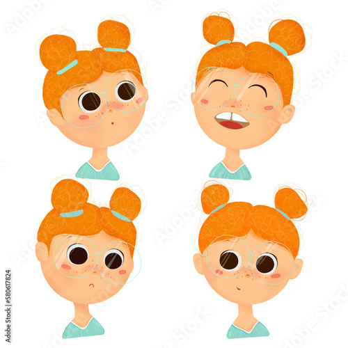 Vector illustration of a little redheaded girl. Child's head with different emotions. Joy, sadness and surprise, laughter.  Emotions for textbooks, posters or websites.