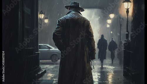 painting of man walking in the rain wearing a coat -AI Generative 