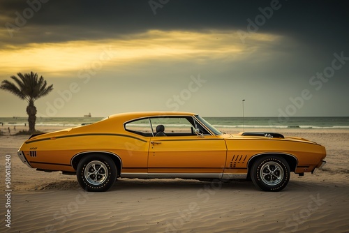 American 1970 car at the beach, cloudy sunset, generative ai