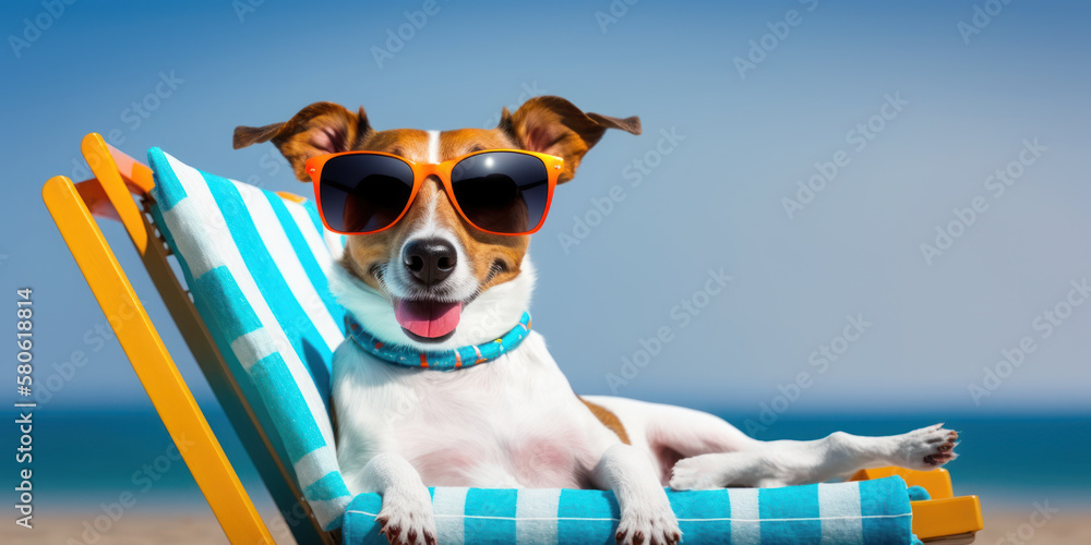 Poster Print jack russell terrier dog with sunglasses sunbathing on sun lounger 40x20 cm