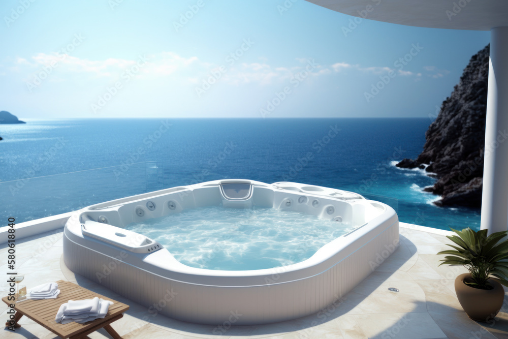 luxury jacuzzi with sea view. generative ai - obrazy, fototapety, plakaty 