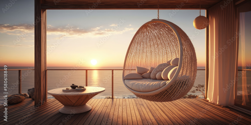 luxury house veranda with hanging swing and beach view. generative ai - obrazy, fototapety, plakaty 