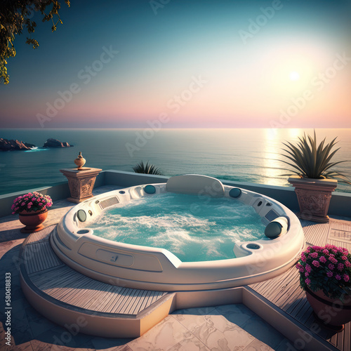 dreamy luxury jacuzzi with sea view. generative ai © ArgitopIA