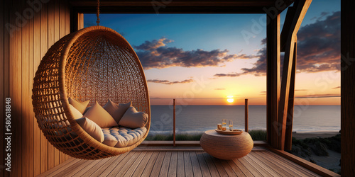 luxury house veranda with hanging swing and beach view. generative ai