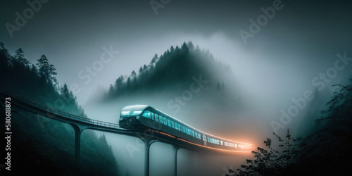 train in foggy mountains. generative ai