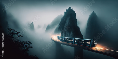 train in foggy mountains in zhangjiajie national forest park. generative ai