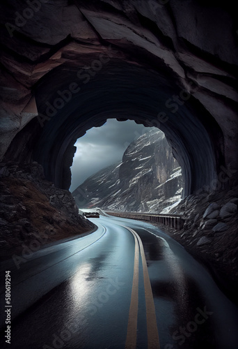 The road goes through a tunnel in the rocks of Scandinavia. AI generated