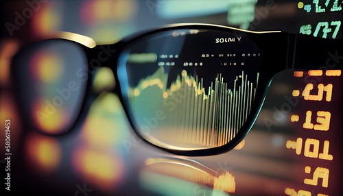 close up of financial data and chart through eyeglass lens