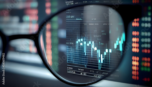 close up of financial charts and data through eyeglass lens