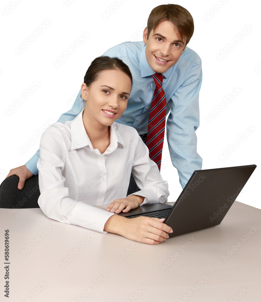 Business people making report with laptop isolated on white background Business people making report with laptop isolated on white background