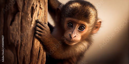 A monkey baby climbing a tree generated by AI photo