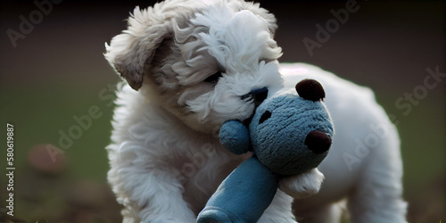 A puppy playing with a stuffed toy generated by AI