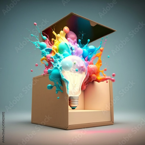 Think outside the box concept with colorful lightbulb, positive attitude, creative idea, leadership by Generative AI