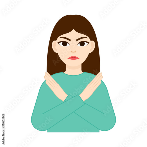The girl crosses herself and frowns, shows a stop gesture, says NO