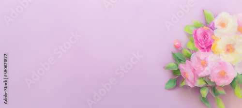 Colorful flowers & blossoms on a purple background painted with watercolors, generative ai, banner, mother's day, easter, valentines day, wedding, love, roses, alstroemeria, freesia, floral design
