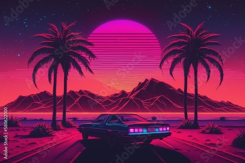 Retrowave orSynthwave style landscape Illustration. Created using Generative AI