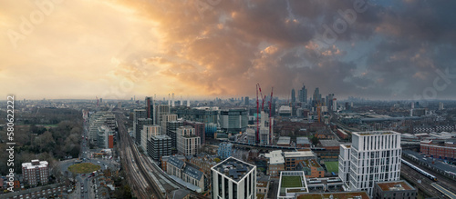 Aerial London Skyline view near Battersea Power Station in London. Cloudy weather over London.