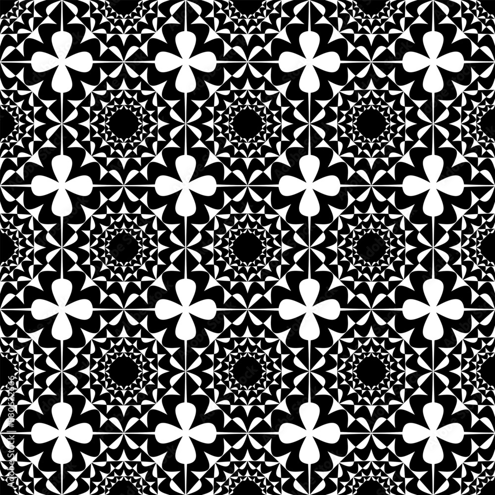 Fototapeta premium sun and flowers. black and white geometric pattern. abstract seamless ornament. template, print, cover.