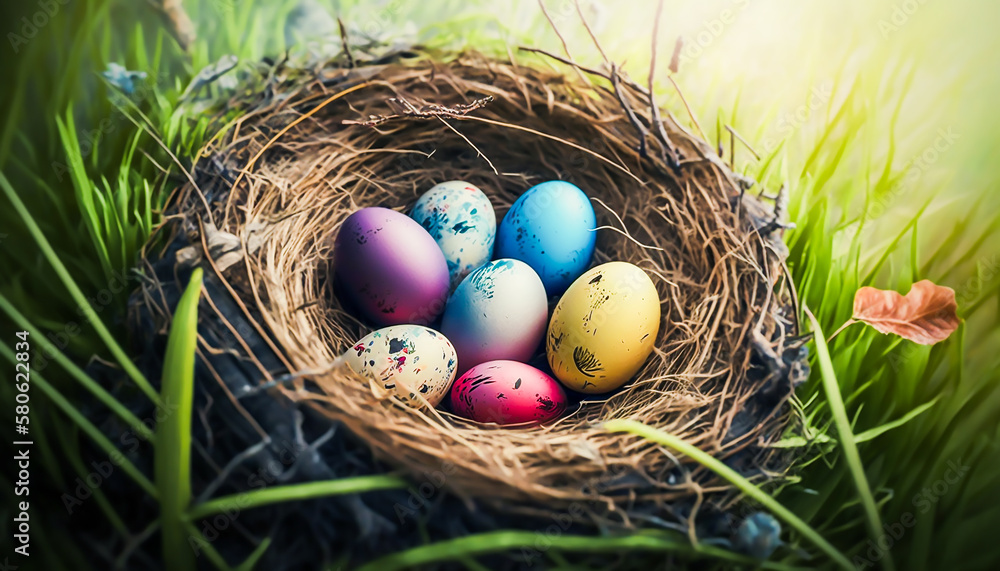 Obraz premium painted eggs on grass background in ester day, Generative ai