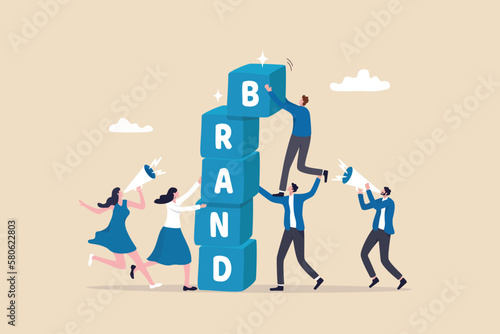 Build branding or brand awareness, marketing or advertising for company reputation, strategy to promote product or sales strategy concept, business people help building block with the word BRAND.