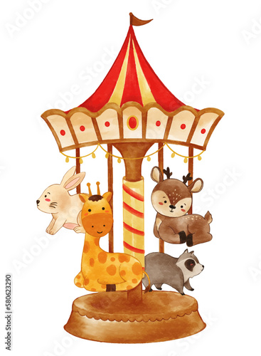 Theme park and merry go round with wildlife animals . Realistic watercolor paint with paper textured . Cartoon character design . Vector .