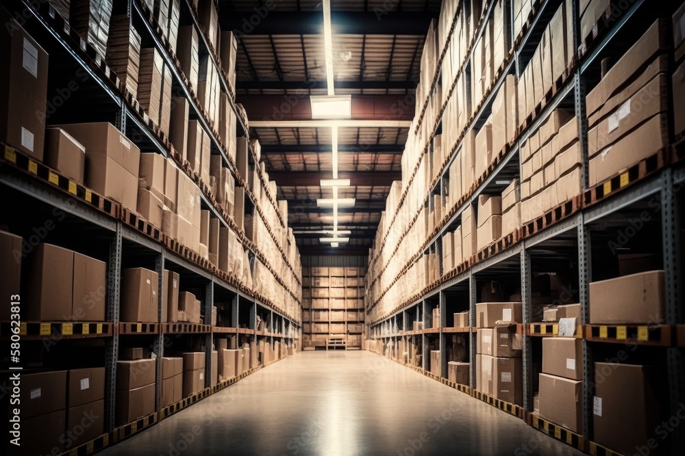 Discover the Ultimate Efficiency: Step Inside Our Modern Warehouse with Neatly Organized Shelves and Labeled Cardboard Boxes for a Thriving Business, Generative AI.