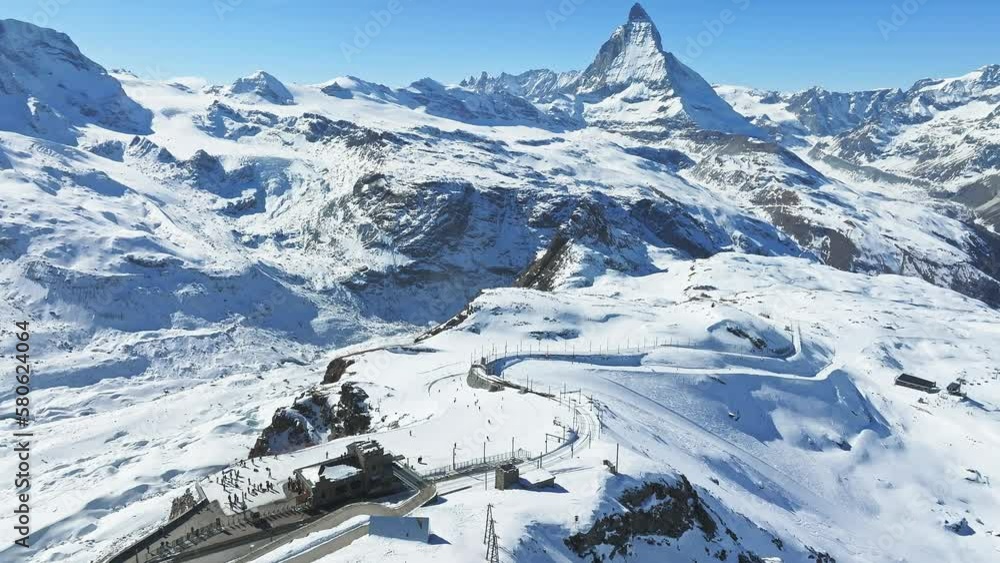 Beautiful Zermatt ski resort with view of the Matterhorn peak on the ...