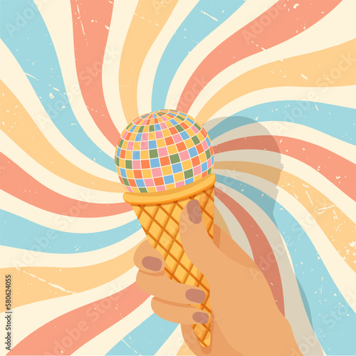 Ice cream shaped disco ball and rainbow background in 70s retro hippie style.