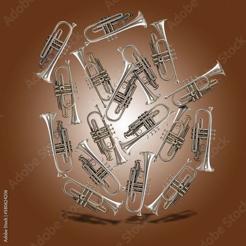 Floating set of Silver trumpets against brown gradient