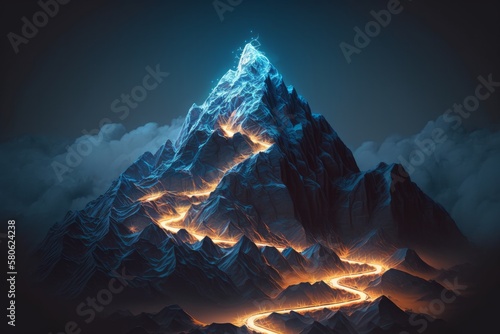 Ascending to the Summit: A Futuristic Journey up the Glowing Mountain Path, Generative AI.
