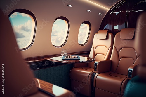 Experience Ultimate Comfort and Luxury on Board Our Private Jet with Leather Seats, Generative AI. © ParinApril