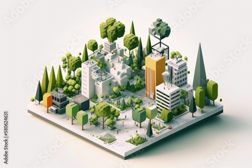Creating a Greener Future: Isometric Sustainable City with Trees in White Background Made with Eco-Friendly Materials, Generative AI. photo