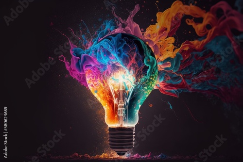 Unleashing Creativity: Impactful and Inspiring Artistic Explosion of Paint Energy in a Lightbulb Eureka Moment, Generative AI.