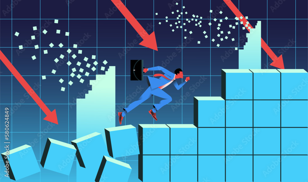 Businessman running on falling pixels. Digital economy collapse concept. Startup surviving. Vector illustration.  - obrazy, fototapety, plakaty 
