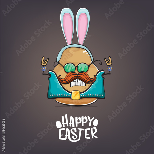 vector rock star happy easter potato funny cartoon character with blue bunny ears isolated on grey background. Rock n roll easter party poster or happy easter greeting card