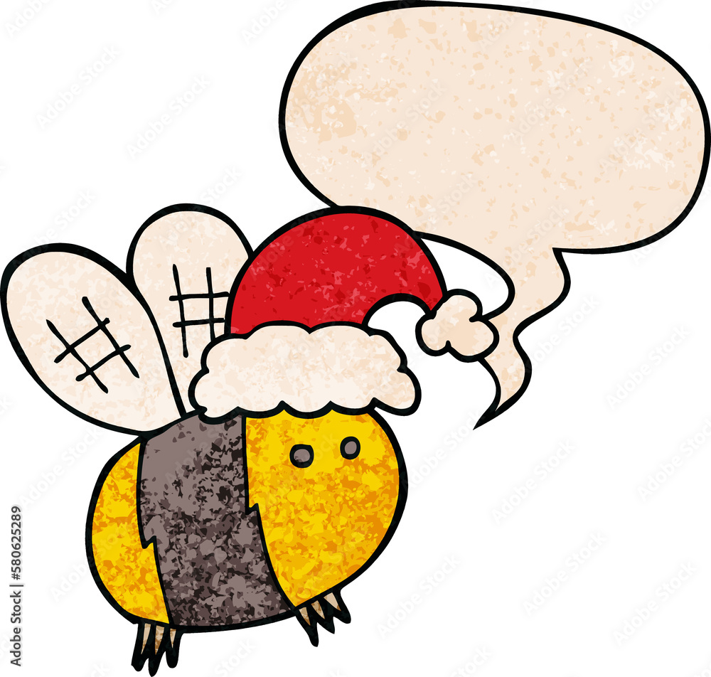 cute cartoon bee wearing christmas hat and speech bubble in retro texture style cute cartoon bee wearing christmas hat and speech bubble in retro texture style