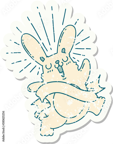 grunge sticker of tattoo style prancing rabbit