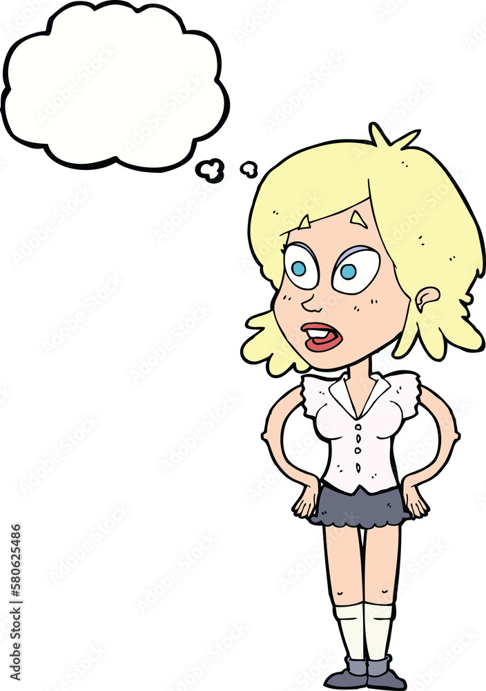 cartoon woman with hands on hips with thought bubble cartoon woman with hands on hips with thought bubble