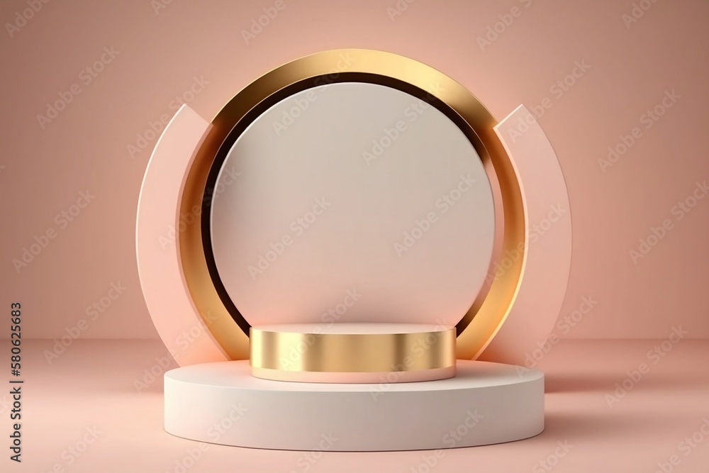 3d render podium on pink minimalistic background with gold circle behind. Generative ai. 3d render podium on pink minimalistic background with gold circle behind. Generative ai.