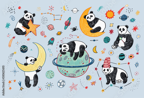 Space sleeping panda vector illustrations set.