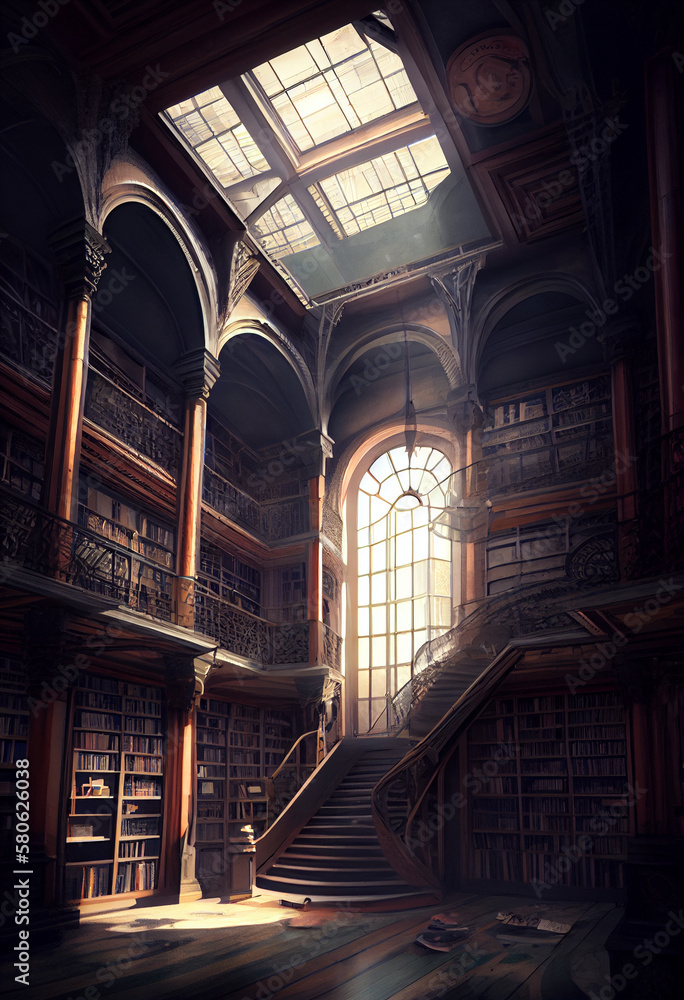 Antique library with many historical books. AI generated