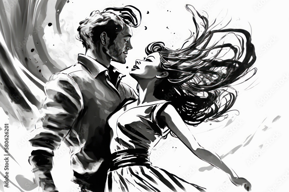 Black and white sketch. Romantic couple is dancing. Beautiful creative art. Generative AI Black and white sketch. Romantic couple is dancing. Beautiful creative art. Generative AI