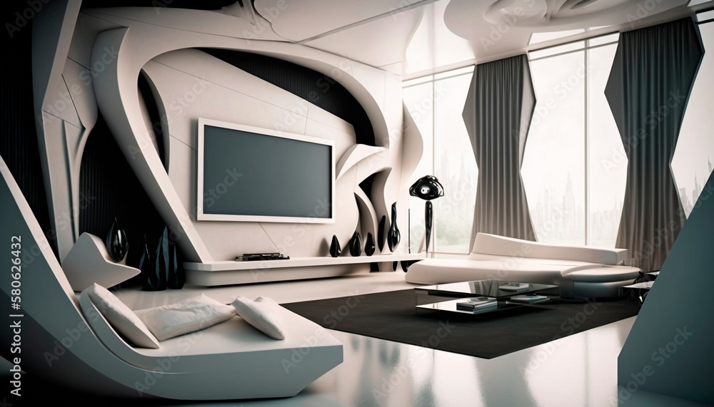 A modern futuristic living room design, futurism decor, stunning and luxury, generative ai