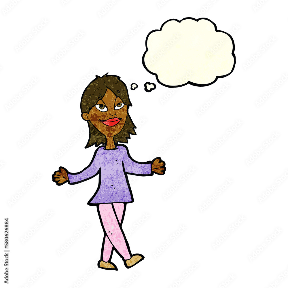 cartoon woman with no worries with thought bubble cartoon woman with no worries with thought bubble