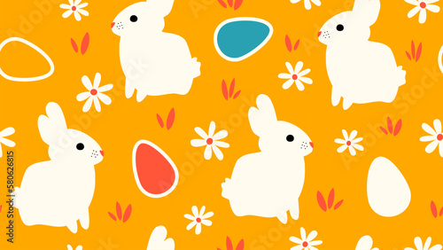 Cute easter seamless vector pattern illustration with colorful egg, white daisy flowers and rabbits on yellow background