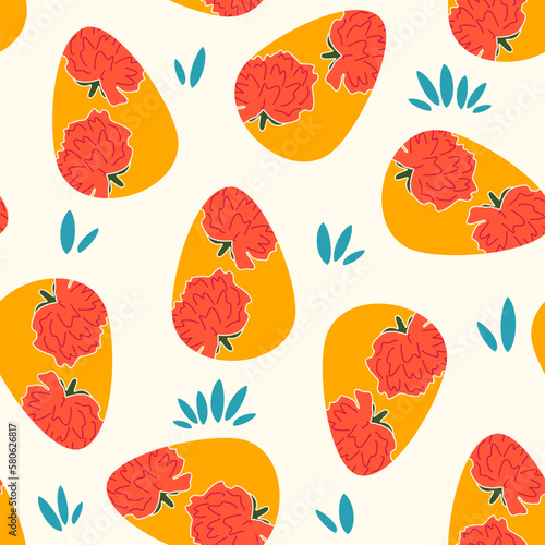 Cute colorful easter seamless vector pattern illustration with yellow egg with red flowers on white background