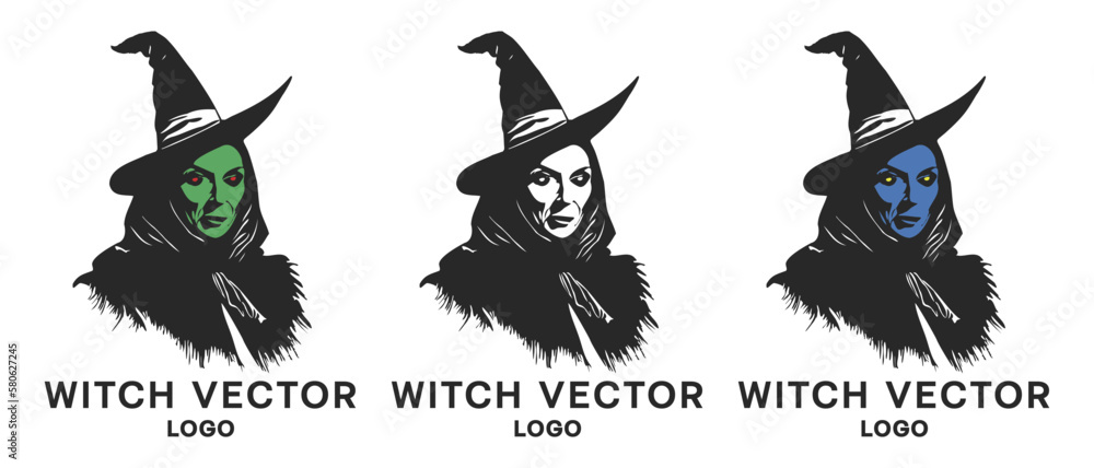 Vector set of portraits of scary black witches with colored faces and a wide-brimmed hat. White isolated background. Logo, sticker or badge for Halloween. Vector set of portraits of scary black witches with colored faces and a wide-brimmed hat. White isolated background. Logo, sticker or badge for Halloween.